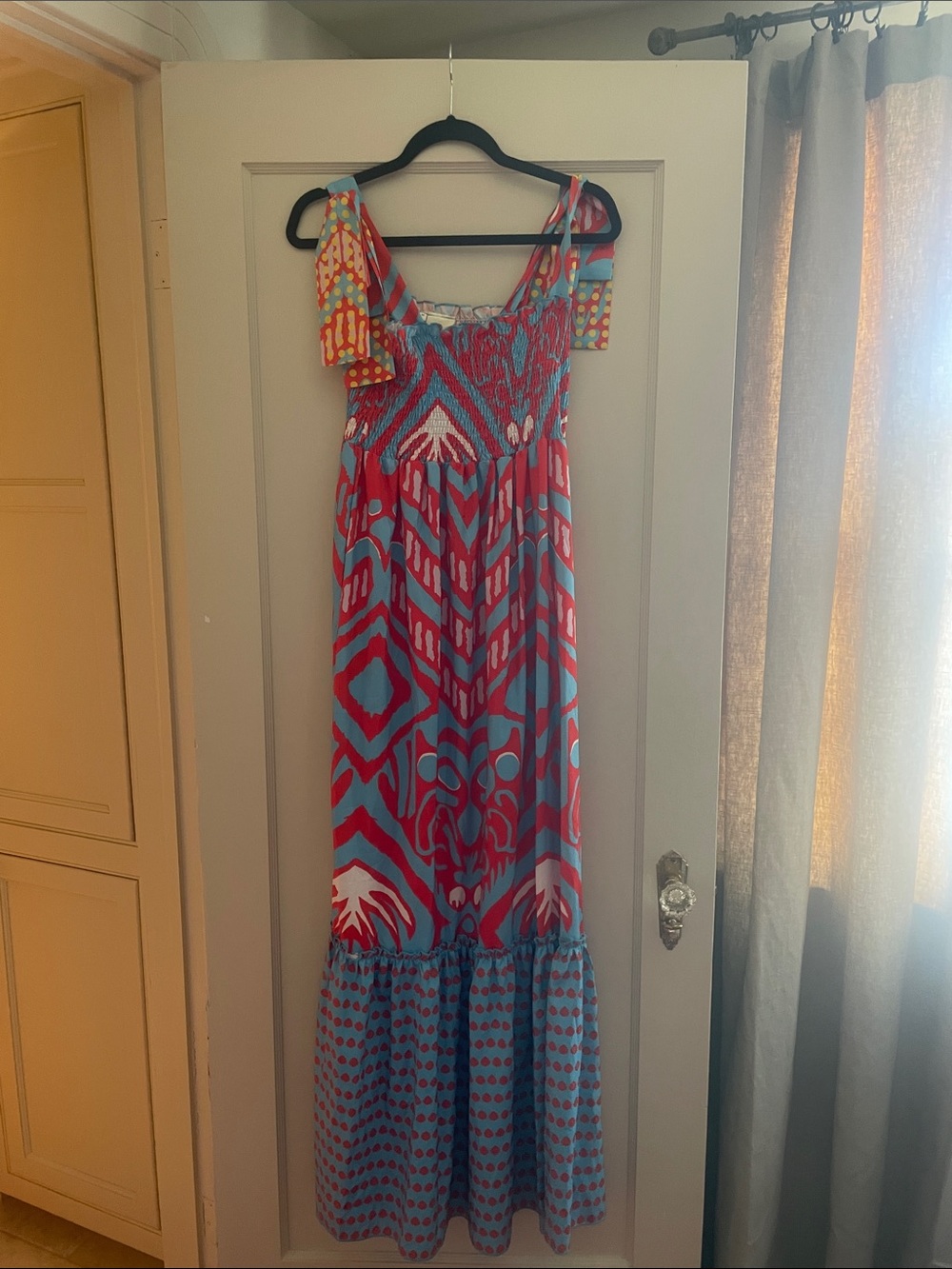 Bright Pink & Blue Patterned Maxi Dress with Tie Straps